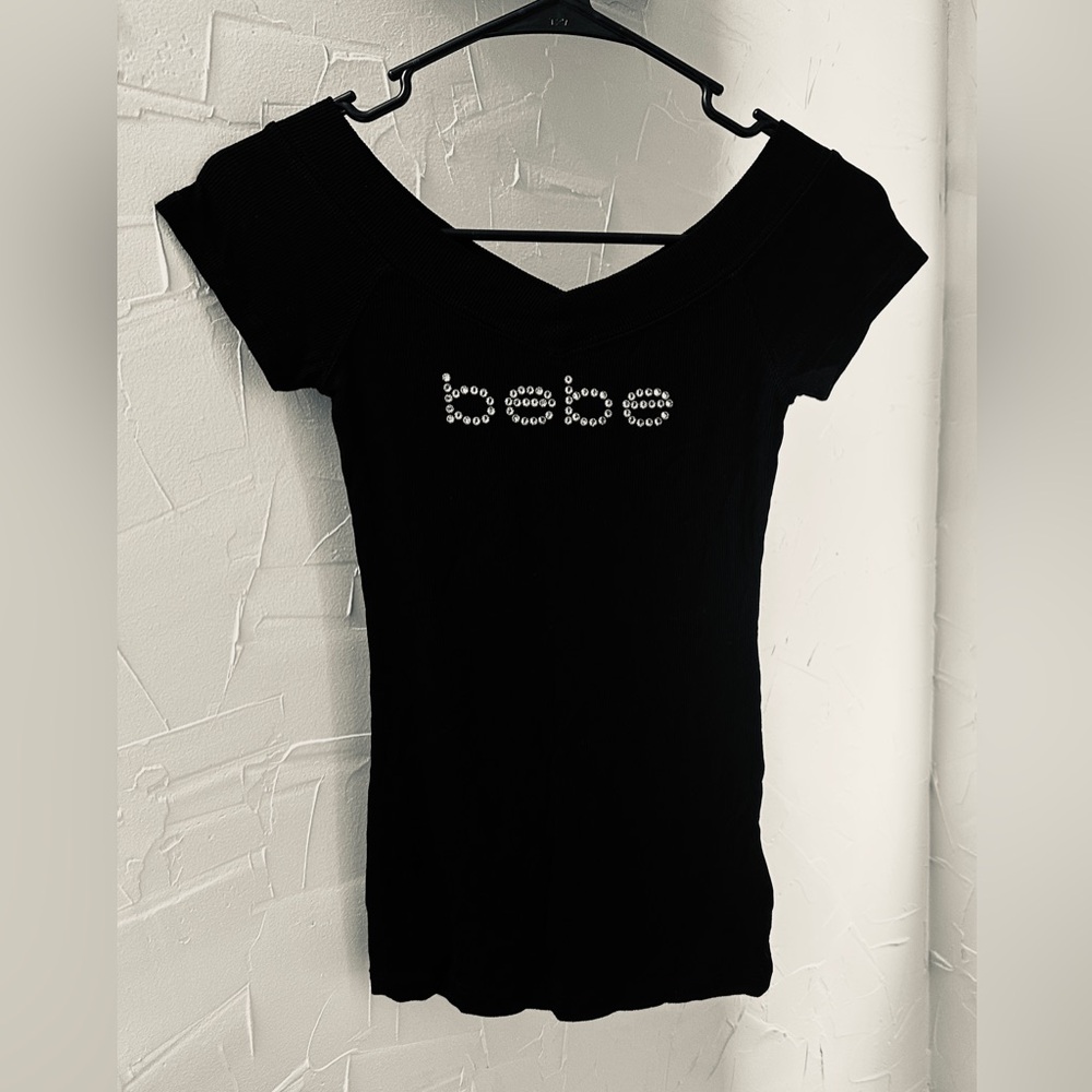 Bebe Rhinestone Black V-neck Stretchy Top Blouse Small Worn Once Looks Brand New
